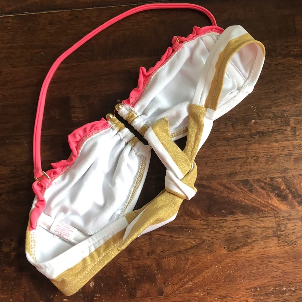 Xhilaration Women's Junior's Gold White Striped Bikini Swimsuit Set Pink Size M
